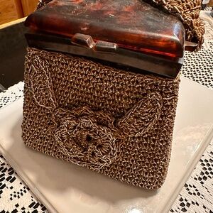 Vintage Art Deco Structured Box Beaded Bronze Handbag/Purse/Acetate Top w/ strap